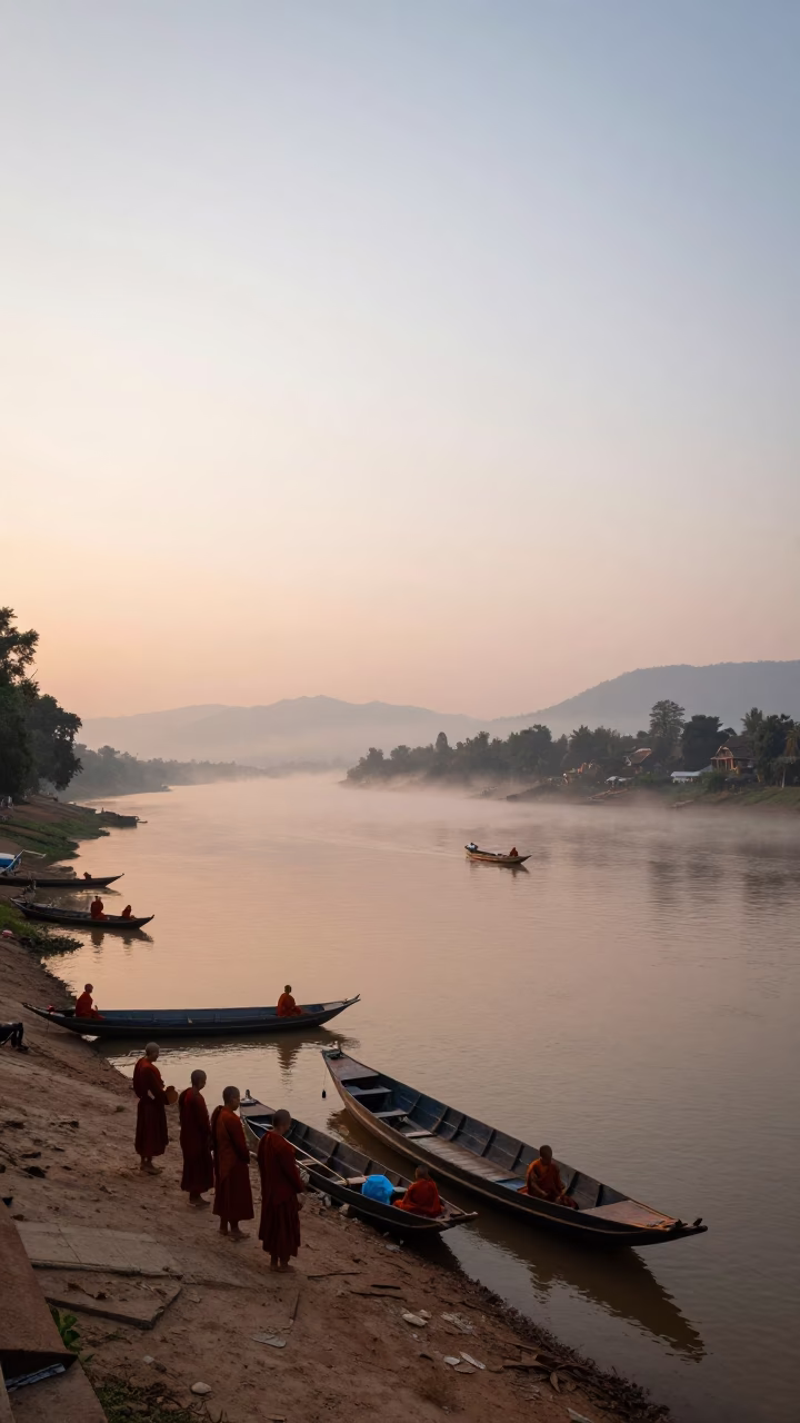 Dawn Light on Mekong River in Luang Prabang Laos with Monks and Traditional Boats in in Luang Prabang, Laos