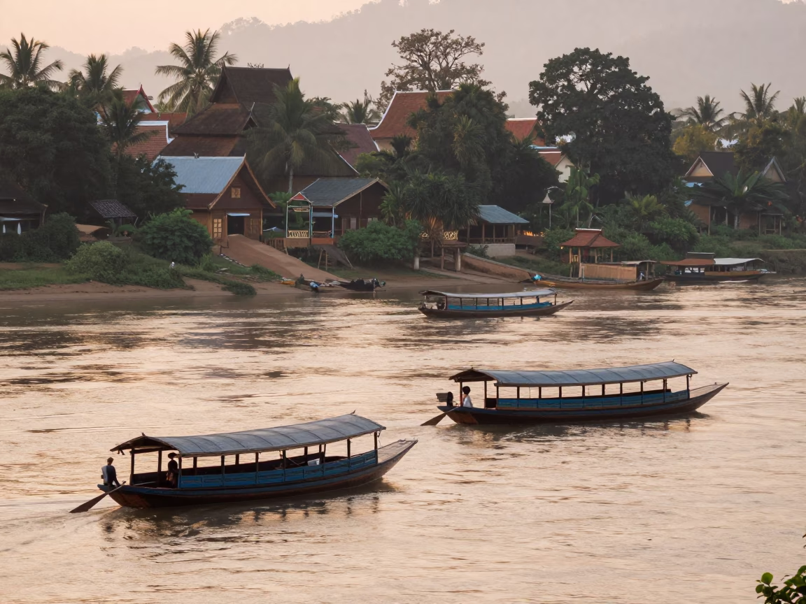 Dawn light on Mekong River with traditional wooden boats near Luang Prabang temples in in Luang Prabang, Laos
