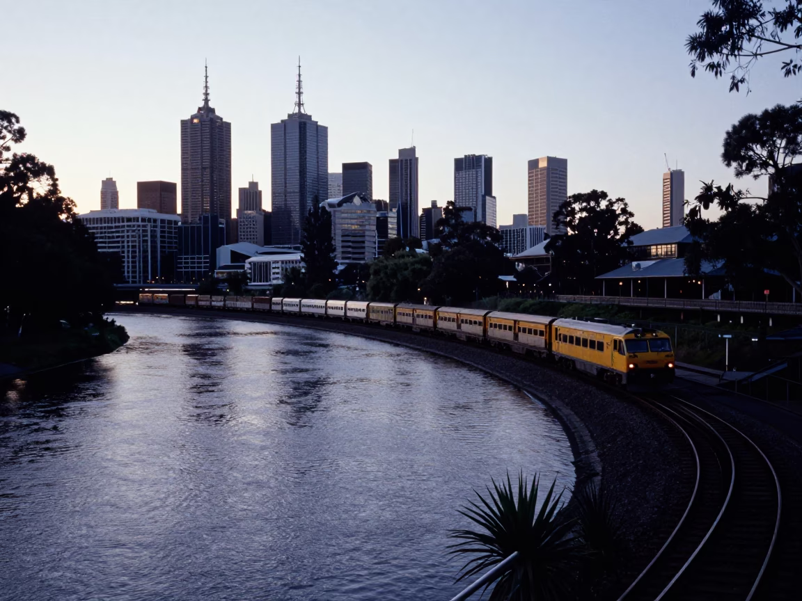 Dawn Light on Melbourne Yarra River with Freight Train and Hydrangeas in in Melbourne, Victoria, Australia