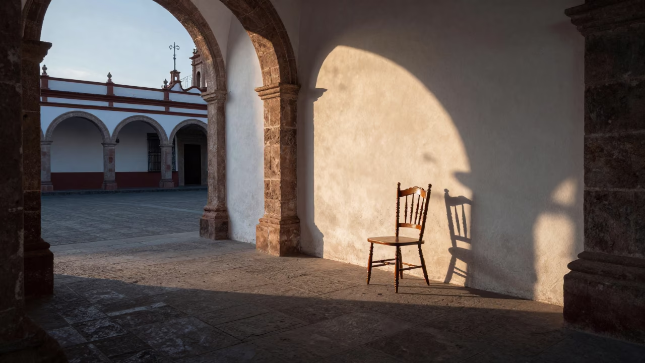 Dawn Light on Merida Plaza with Spindle Chair and Porcelain Jar in in Merida, Mexico