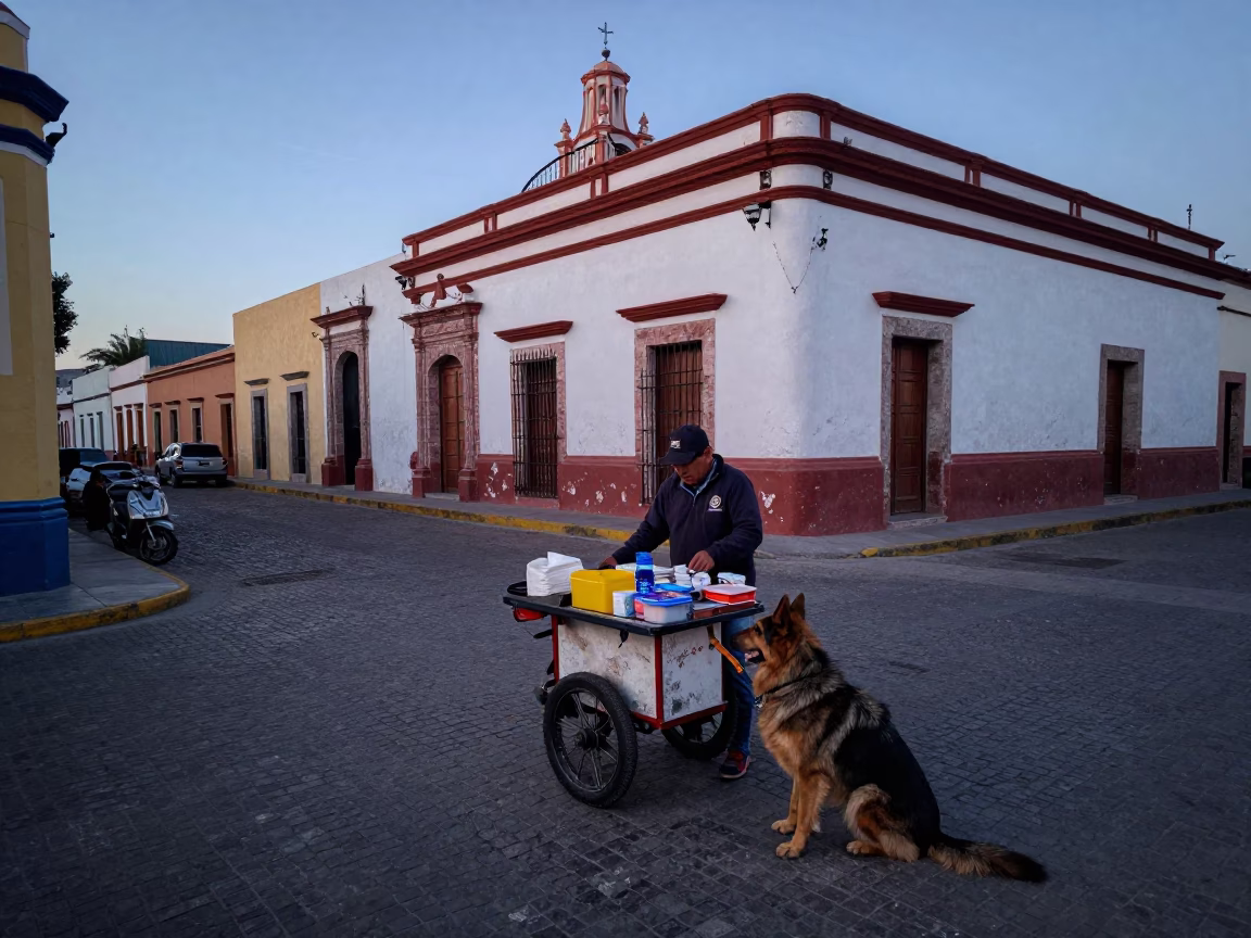 Dawn light on Merida street corner with local vendor and fresh breakfast in in Merida, Mexico
