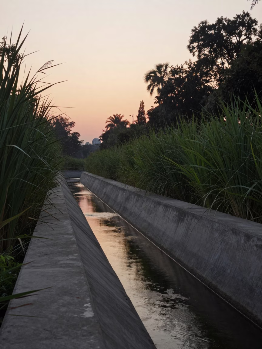 Dawn Light on Mexico City Concrete Canal and Reeds Before Sunrise in in Mexico City, Mexico