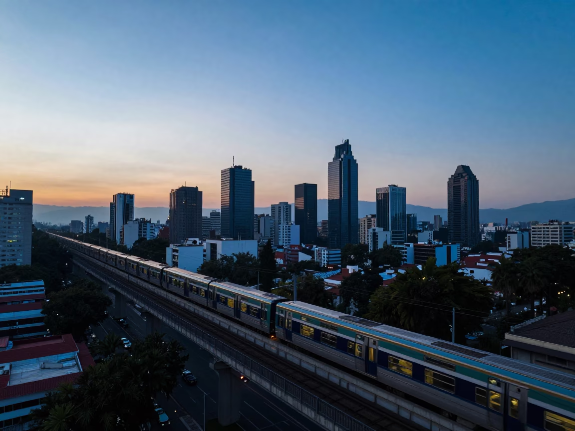 Dawn Light on Mexico City Metro Bridge with Commuter Train Crossing at Blue Hour in in Mexico City, Mexico