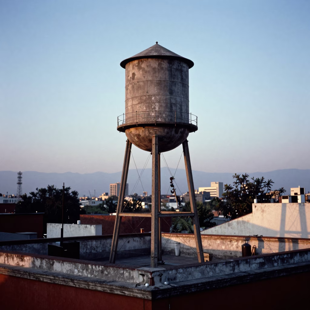 Dawn light on Mexico City rooftop water tower and colonial architecture in in Mexico City, Mexico
