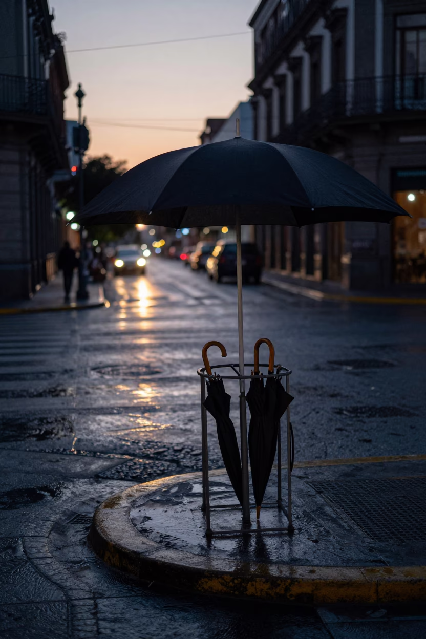 Dawn Light on Mexico City Street Corner with Umbrella Stand and Pitcher in in Mexico City, Mexico