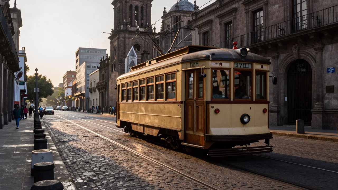 Dawn Light on Mexico City Street with Vintage Heritage Tram and Cobblestones in in Mexico City, Mexico