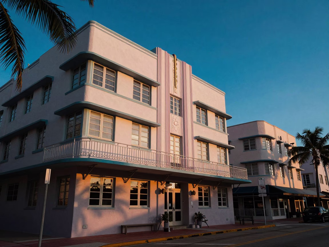 Dawn Light on Miami Art Deco Facade with Vintage Loaf Pan and Glass Vase in in Miami, Florida, United States