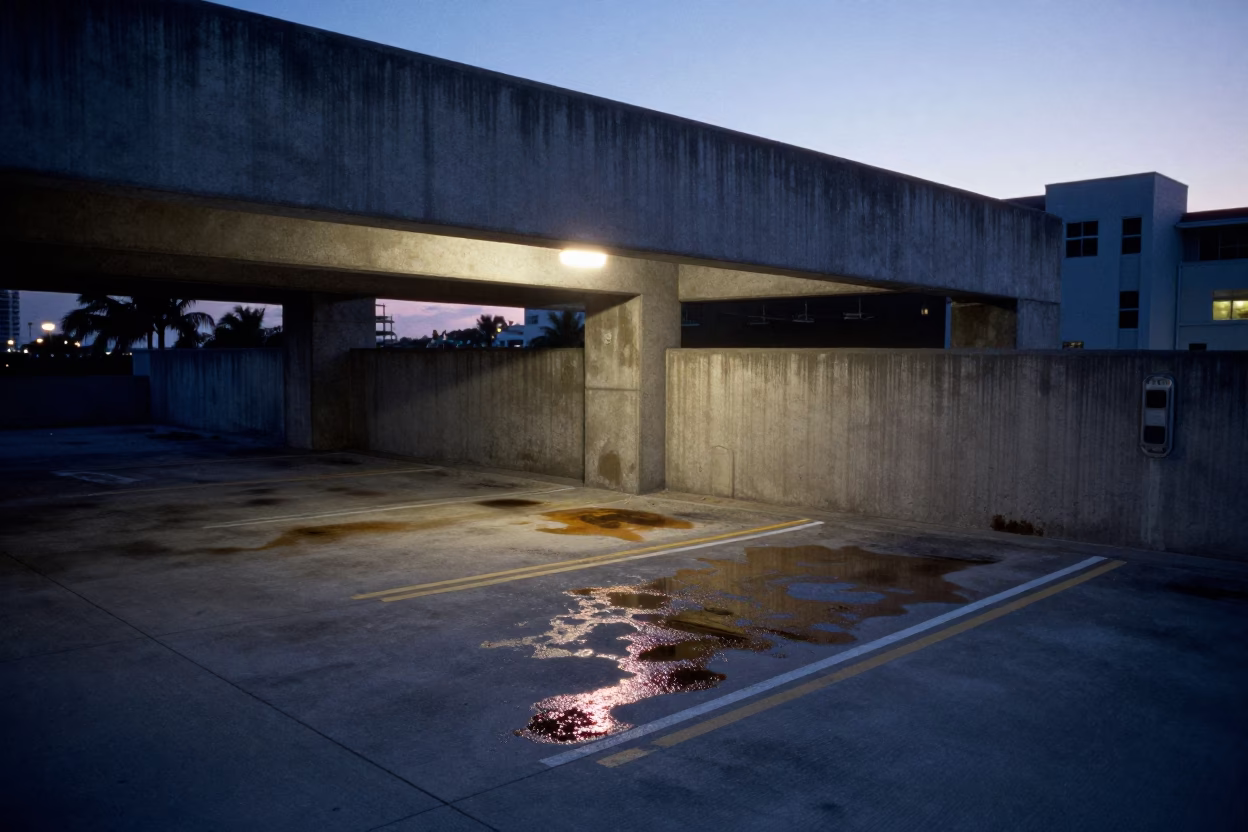 Dawn light on Miami Beach parking garage grease stains and concrete textures in in Miami, Florida, United States