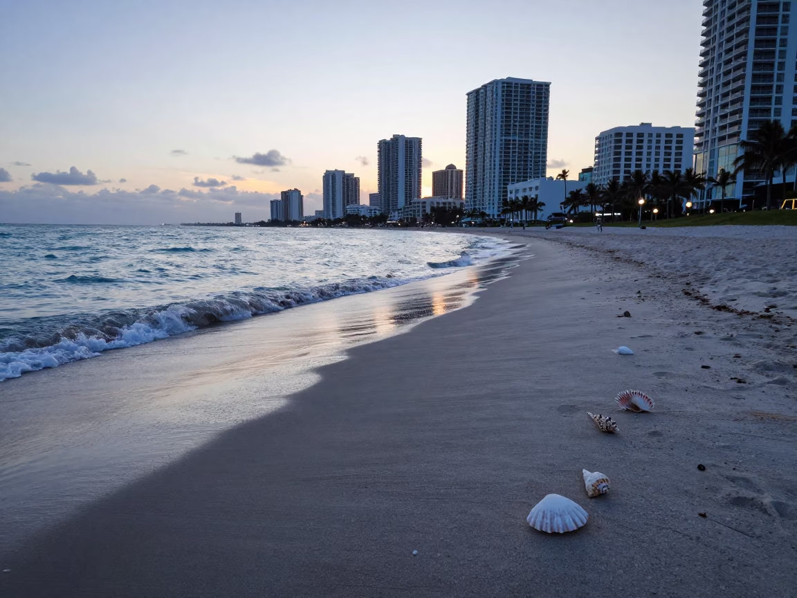 Dawn Light on Miami Beach Promenade with Seashells and Ocean View in in Miami, Florida, United States