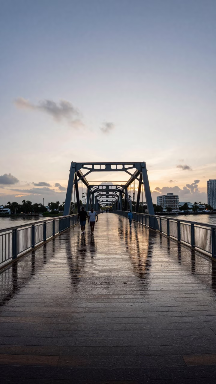 Dawn Light on Miami Drawbridge Deck with Rain and River Reflections Before Sunrise in in Miami, Florida, United States