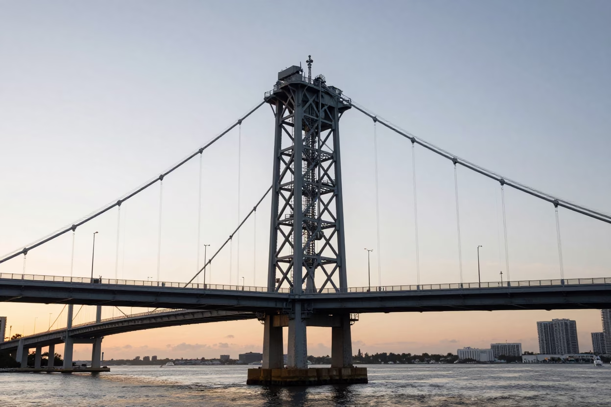Dawn Light on Miami Harbor Drawbridge Counterweight Tower and Oil Slick Reflections in in Miami, Florida, United States