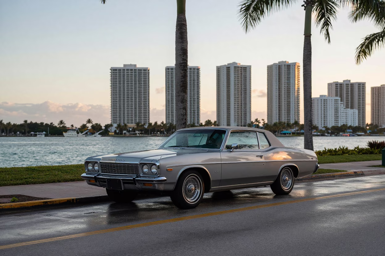 Dawn light on Miami waterfront street with parked vintage car and coffee cup in in Miami, Florida, United States
