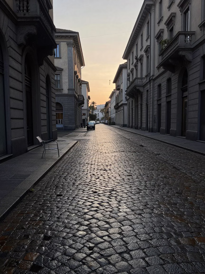 Dawn Light on Milan Cobblestones with Condensation and Urban Details in in Milan, Italy