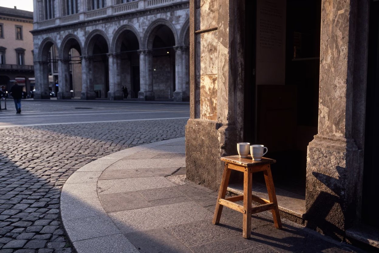 Dawn Light on Milan Street Corner with Coffee Mugs and Work Stool in in Milan, Italy