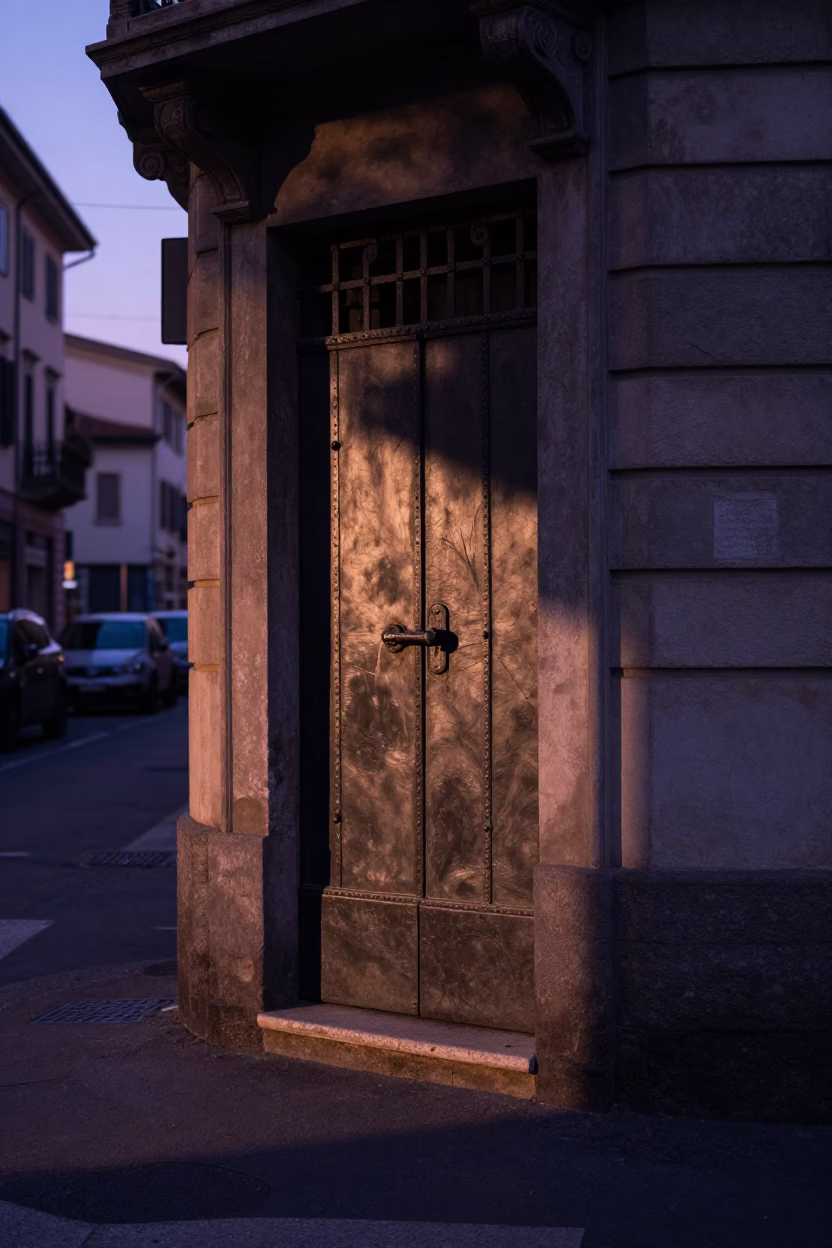 Dawn light on Milan street corner with iron deadbolt and grease sheen in in Milan, Italy