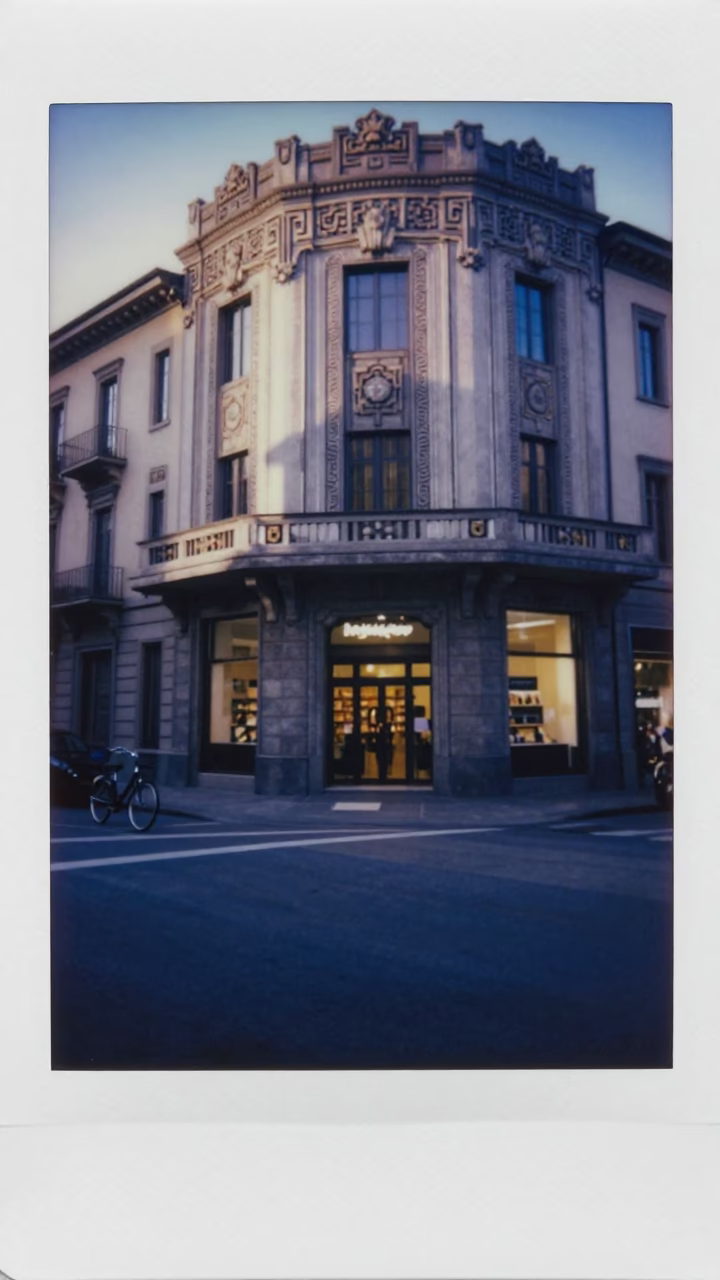 Dawn Light on Milan Street with Bicycle and Bakery Facade in in Milan, Italy