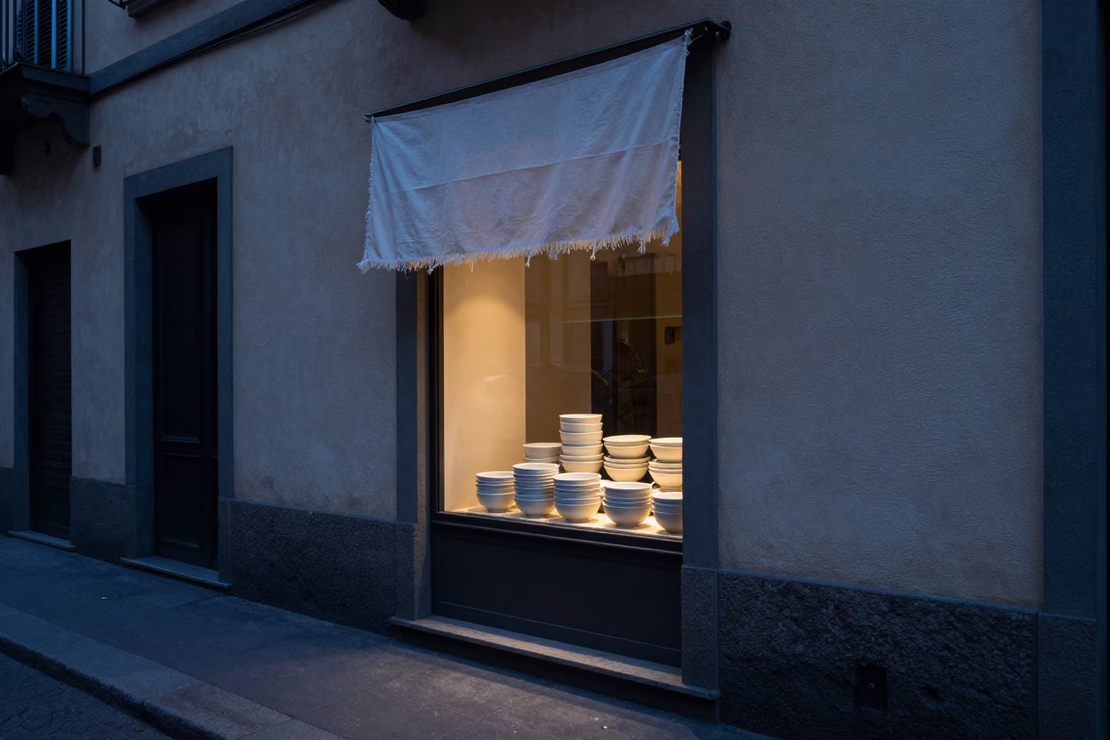 Dawn Light on Milan Street with Hanging Linen Fringe and Ceramic Bowls in in Milan, Italy