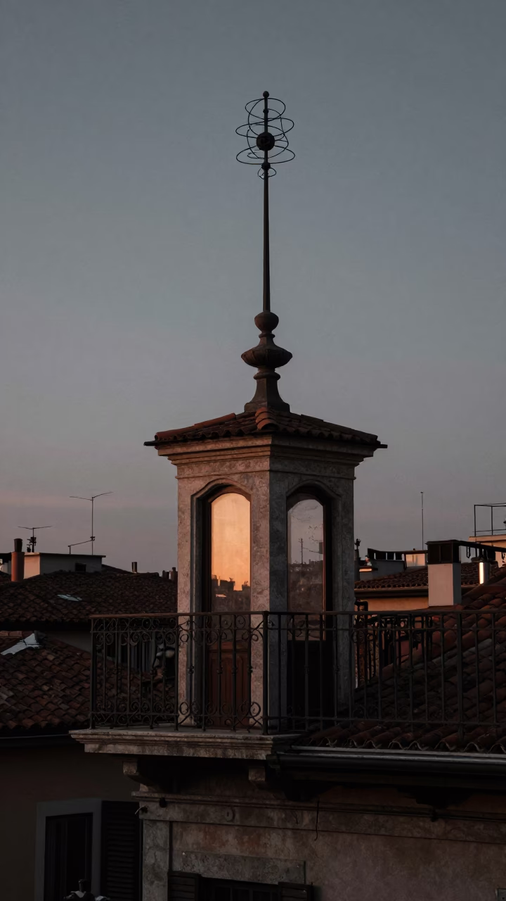 Dawn Light on Milanese Balcony with Spinning Top and Leaf Shadows in in Milan, Italy