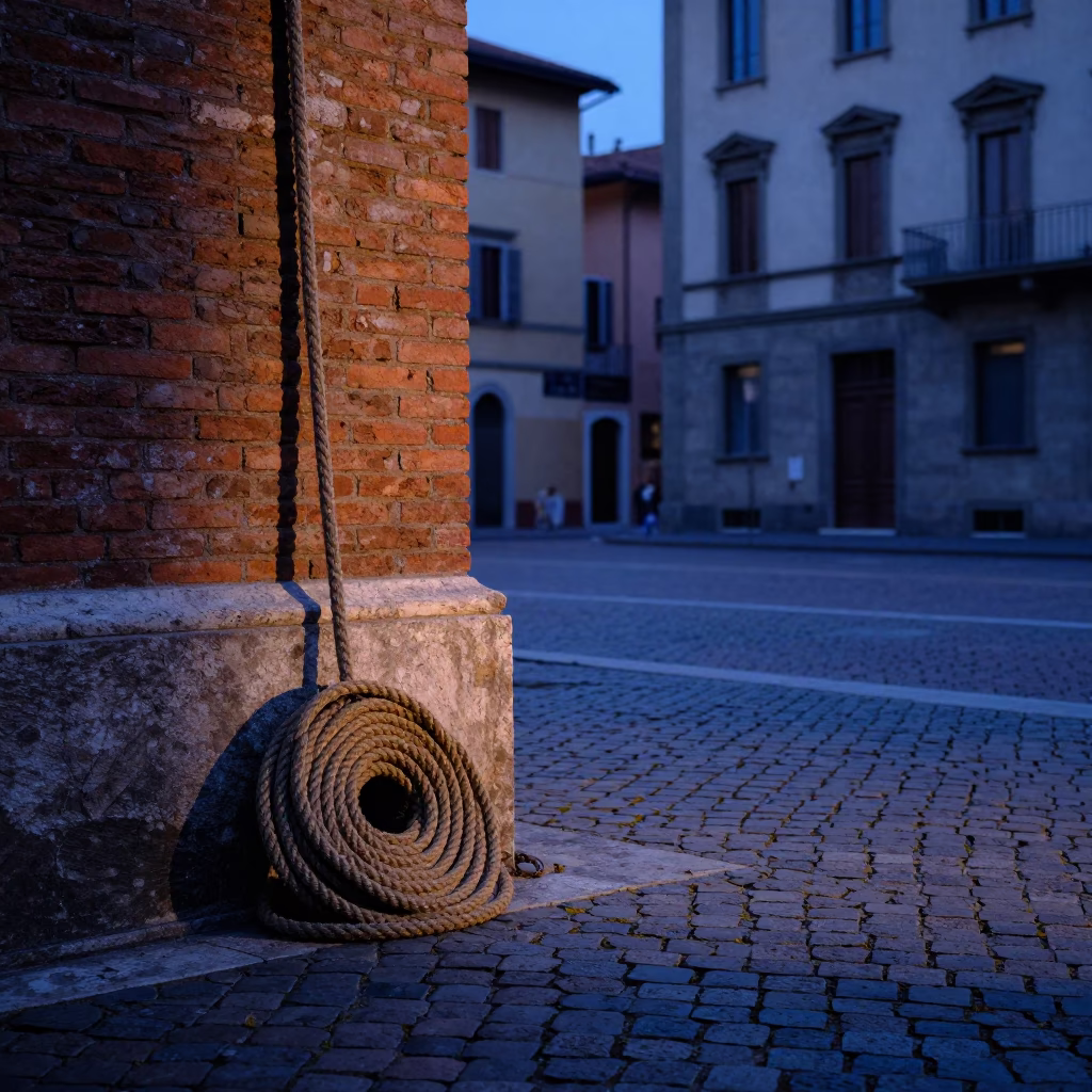 Dawn Light on Milanese Cobblestones with Coiled Rope and Dusty Wall Details in in Milan, Italy