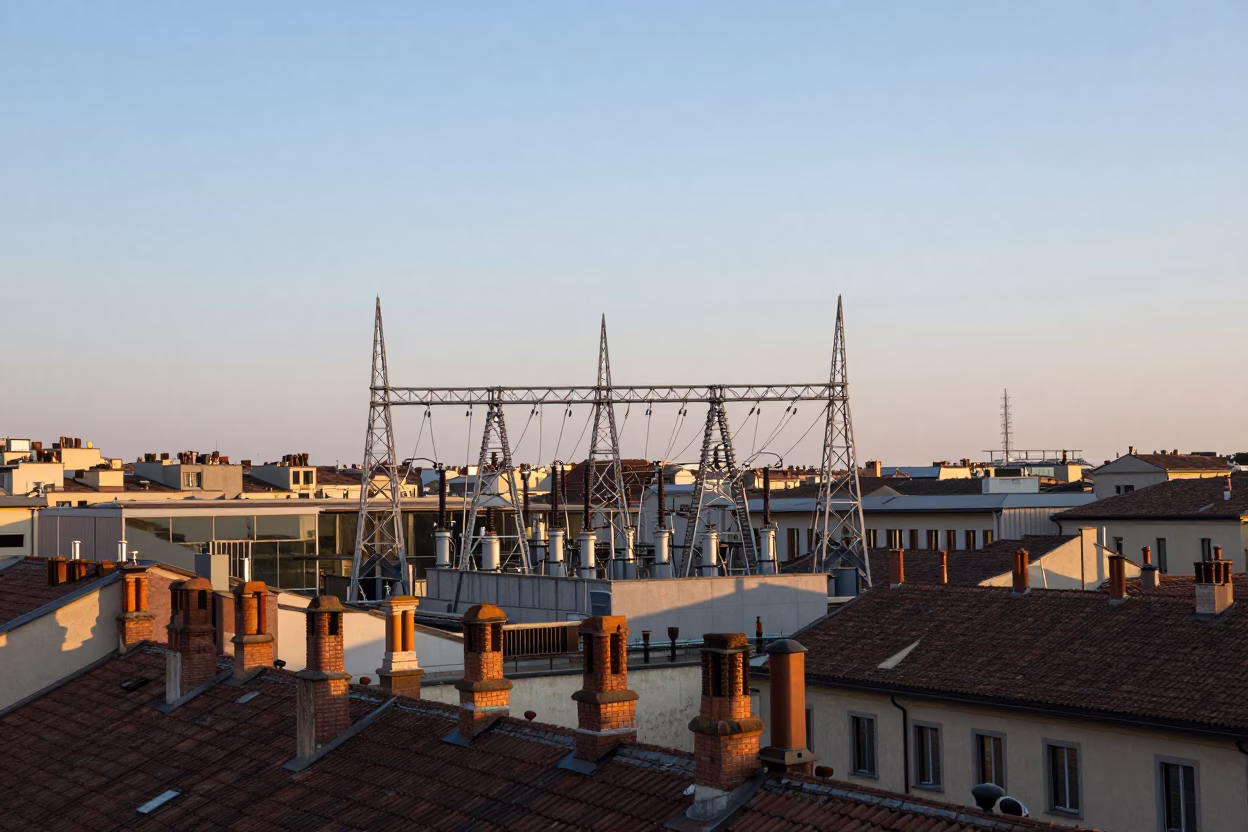 Dawn Light on Milanese Rooftops with Transmission Substation and Cherry Blossoms in in Milan, Italy