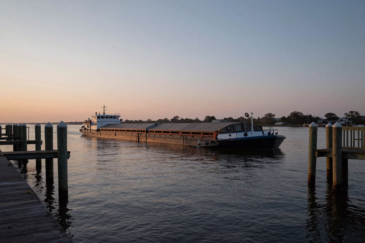 Dawn Light on Mississippi River Canal Barge and Piling System in New Orleans Louisiana in in New Orleans, Louisiana, United States