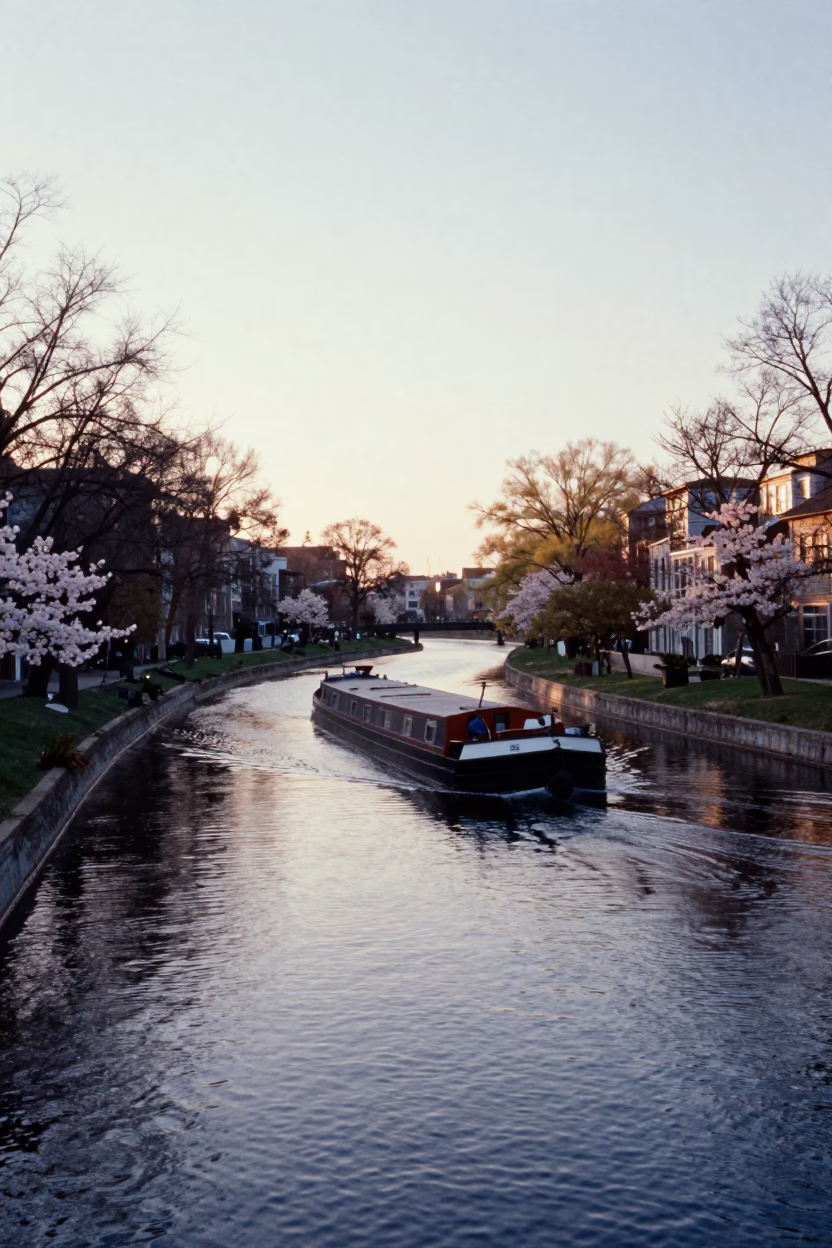 Dawn Light on Montreal Canal with Barge and Spring Snow Crocuses in in Montreal, Quebec, Canada
