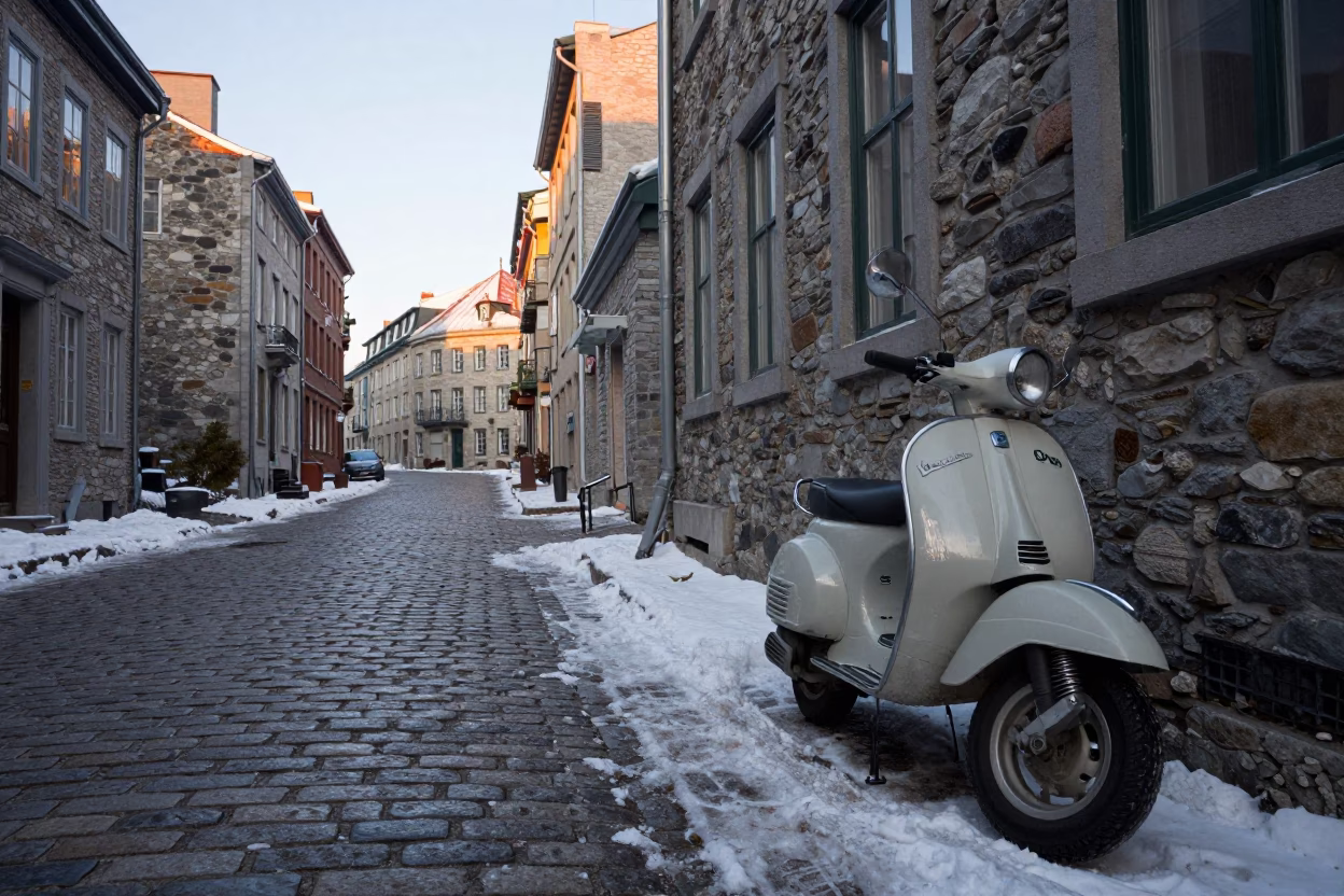 Dawn Light on Montreal Cobblestone Lane with Vintage Vespa and Spring Snow in in Montreal, Quebec, Canada