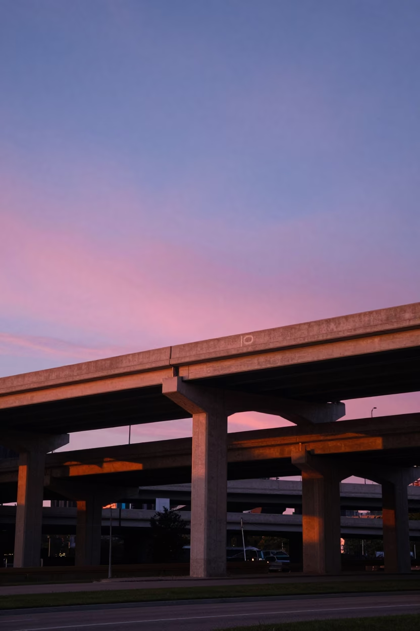 Dawn Light on Montreal Highway Flyover Stack in Pink Sky in in Montreal, Quebec, Canada
