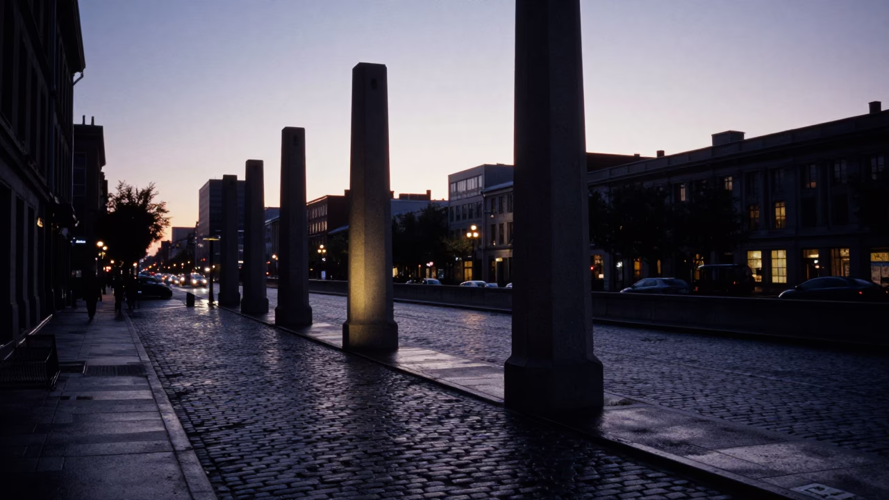 Dawn Light on Montreal Metro Pillars and Wet Cobblestones Near Old Port in in Montreal, Quebec, Canada