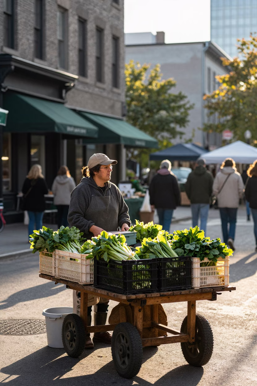 Dawn Light on Montreal Quebec Street Market Vendor Selling Fresh Lettuce Produce in in Montreal, Quebec, Canada