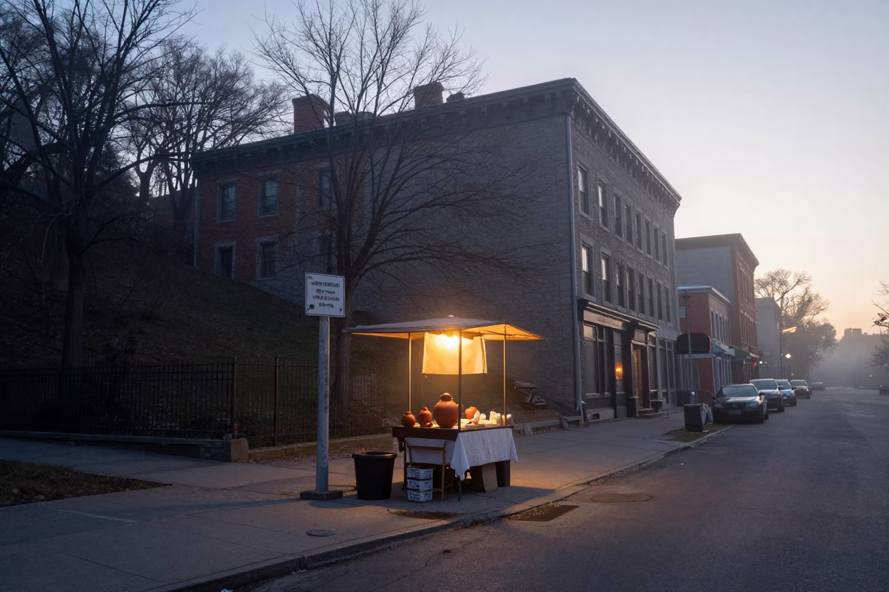 Dawn Light on Montreal Street Corner with Clay Teapot and Fresh Tomatoes in in Montreal, Quebec, Canada