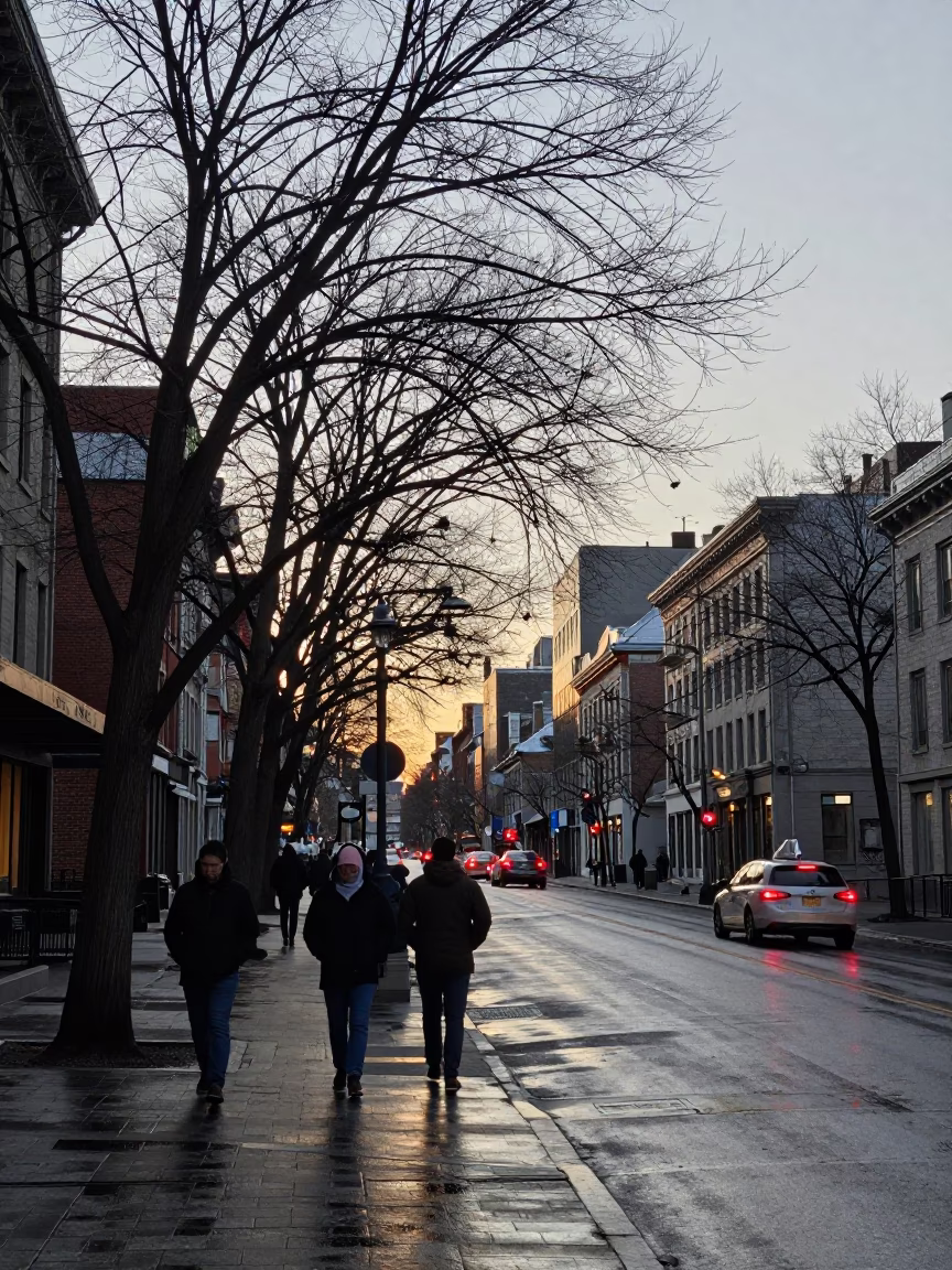 Dawn light on Montreal street corner with commuters and wet pavement in in Montreal, Quebec, Canada