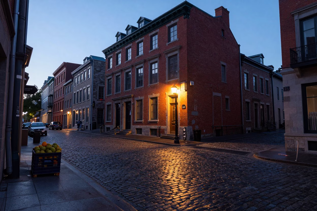 Dawn Light on Montreal Street Corner with Fruit Crate and Window Reflection in in Montreal, Quebec, Canada