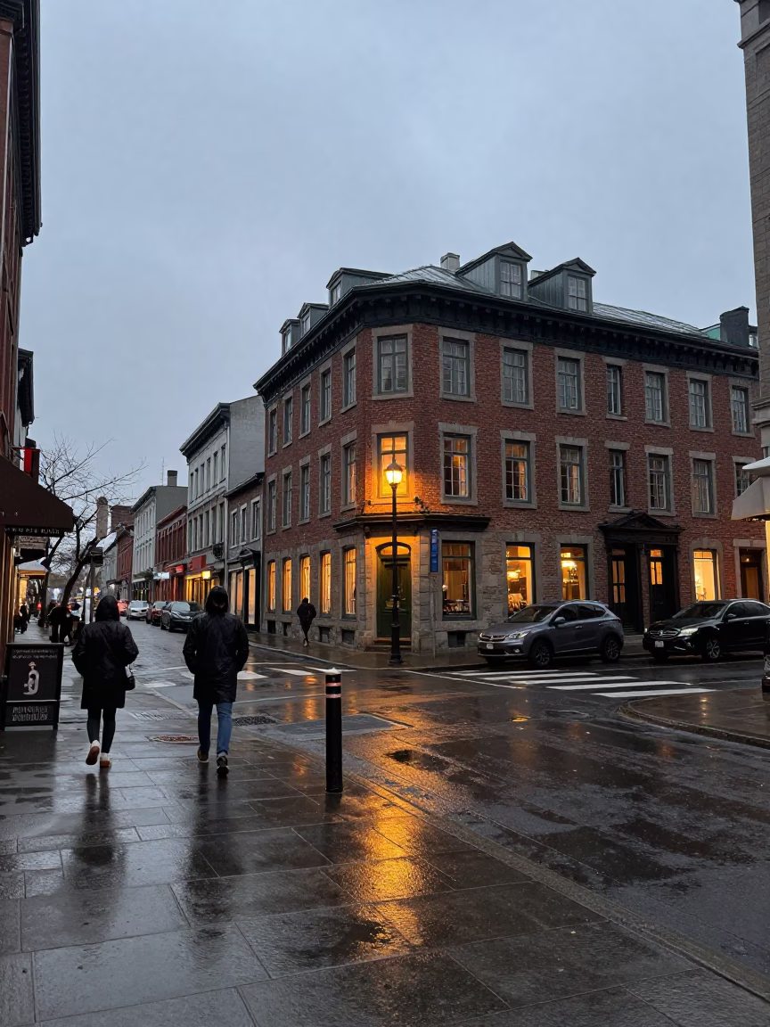 Dawn Light on Montreal Street Corner with Raincoats and Urban Details in in Montreal, Quebec, Canada