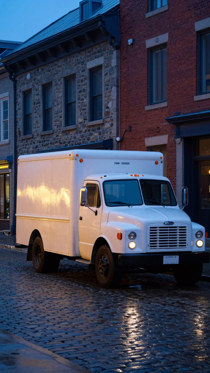 Dawn Light on Montreal Street Corner with Vintage Truck and Ceramic Cup in in Montreal, Quebec, Canada