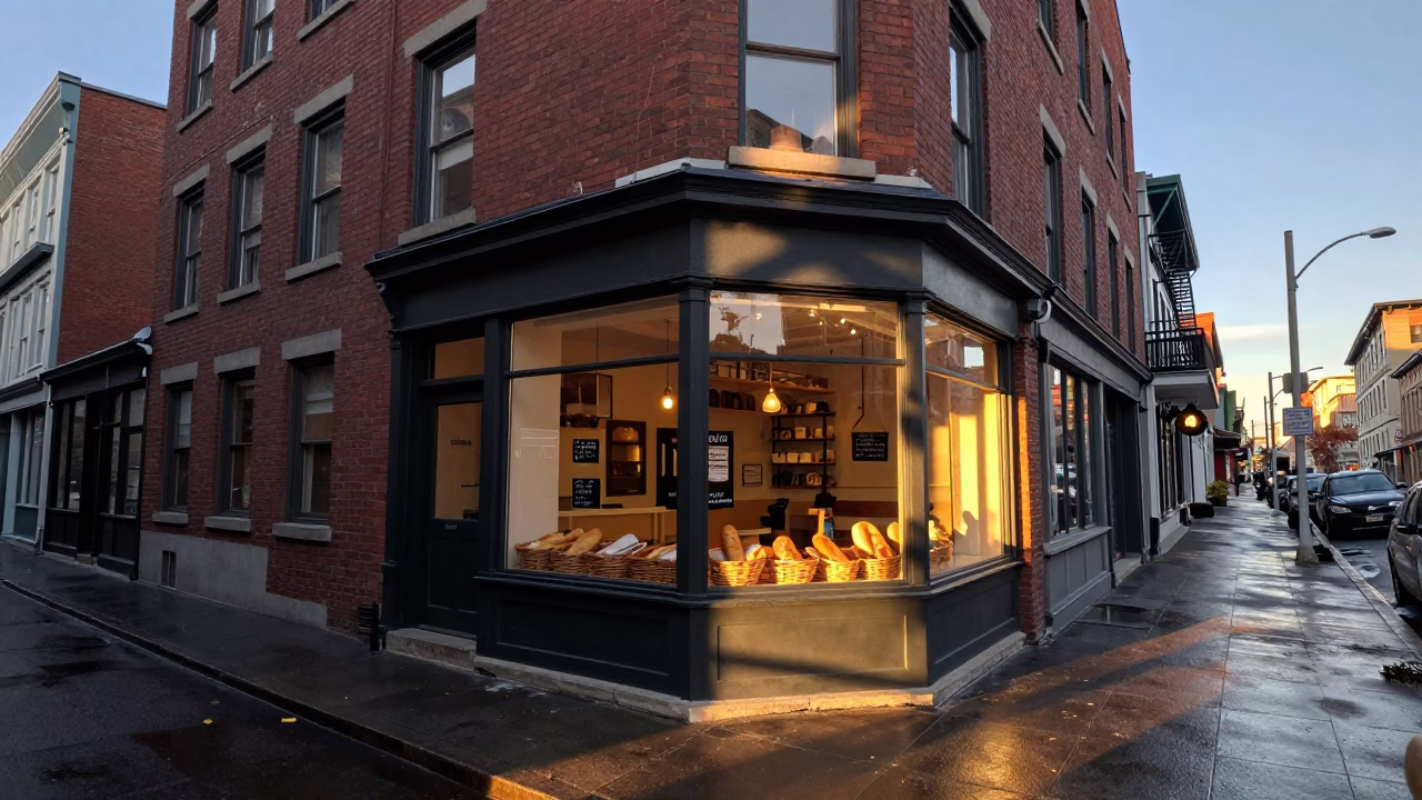 Dawn light on Montreal street with bread basket and condensation on shelf in in Montreal, Quebec, Canada