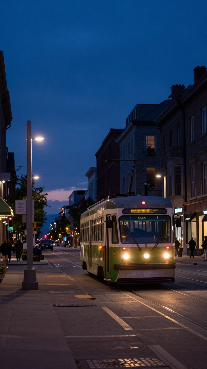 Dawn Light on Montreal Street with Vintage Tram and Snow Piles in in Montreal, Quebec, Canada