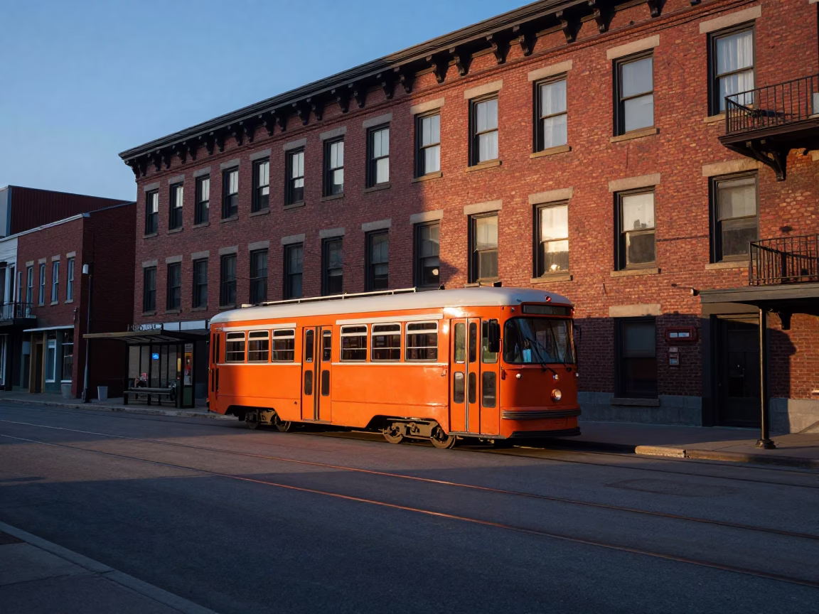 Dawn Light on Montreal Streetcar Tracks and Brick Architecture in Quebec in in Montreal, Quebec, Canada