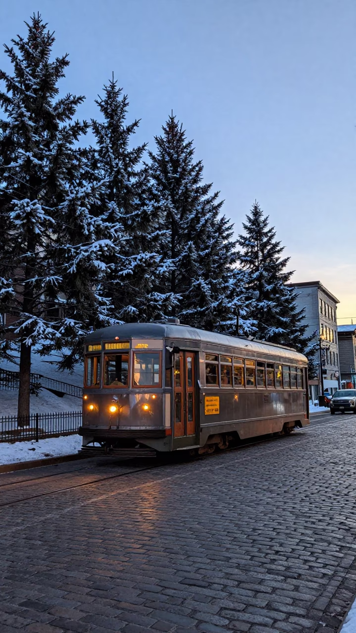 Dawn light on Montreal tram climbing steep hill near Mount Royal in in Montreal, Quebec, Canada