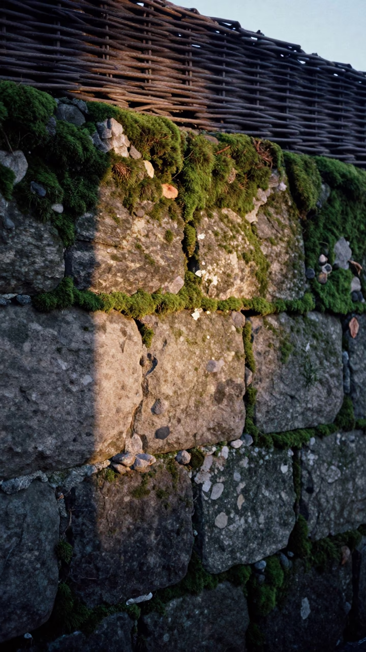 Dawn Light on Mossy Stone Wall and Wicker Shadow in Brussels Belgium in in Brussels, Belgium