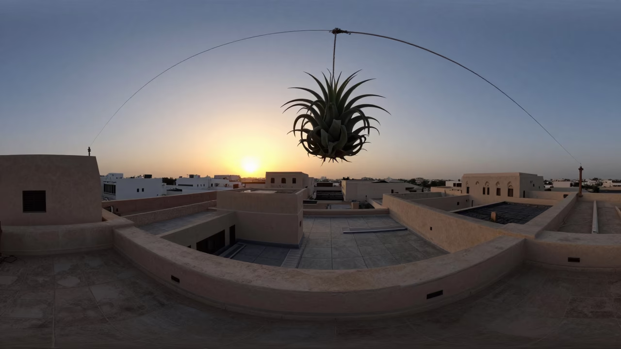 Dawn Light on Muscat Rooftop with Hanging Air Plant and Flowerpot in in Muscat, Oman