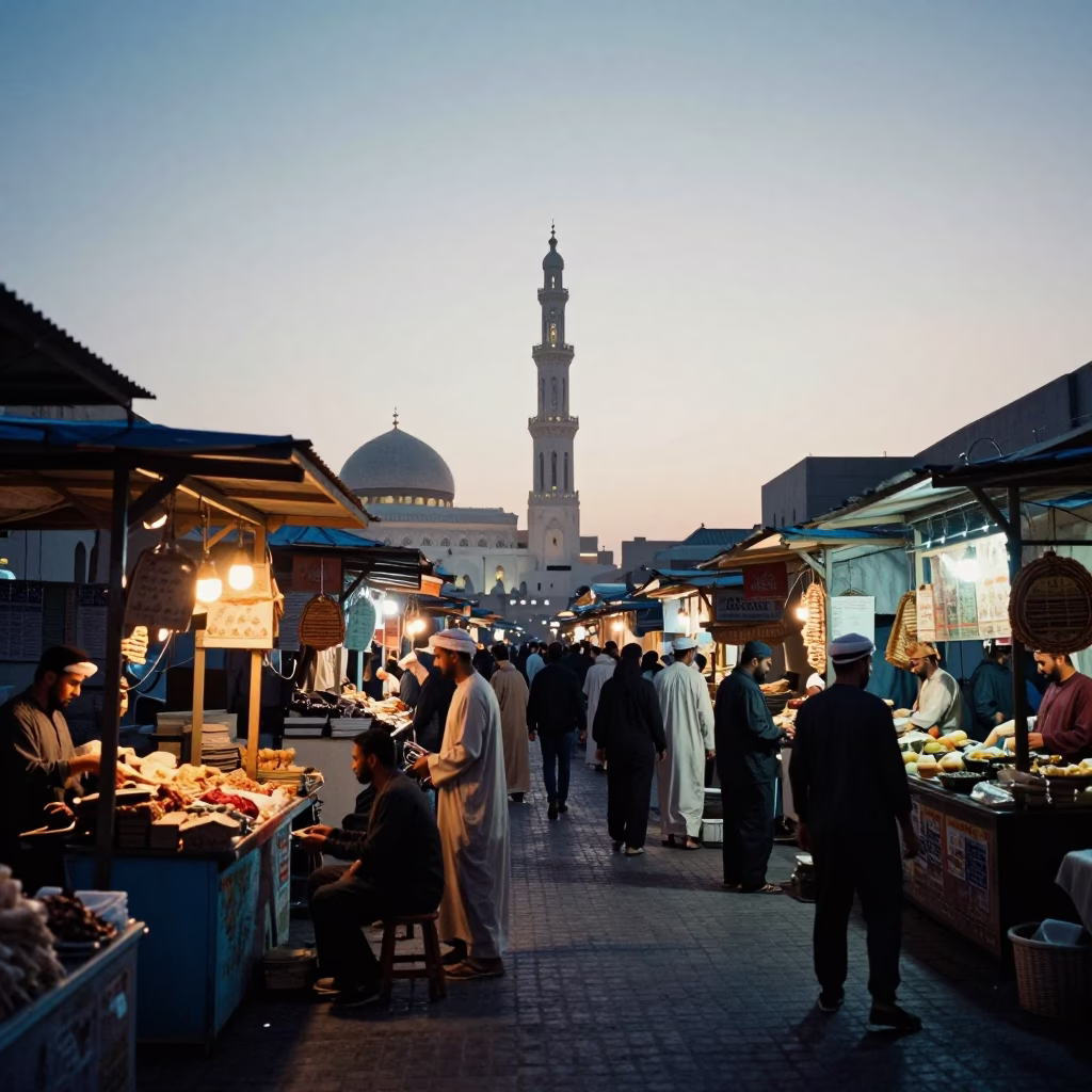 Dawn Light on Muscat Street Market Stalls with Traditional Pottery and Local Commerce in in Muscat, Oman