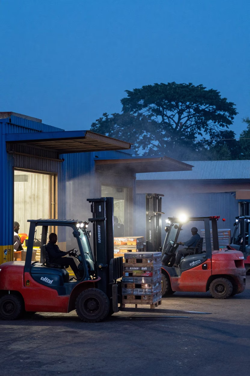 Dawn Light on Nairobi Loading Dock with Forklifts and Pallets at First Light in in Nairobi, Kenya