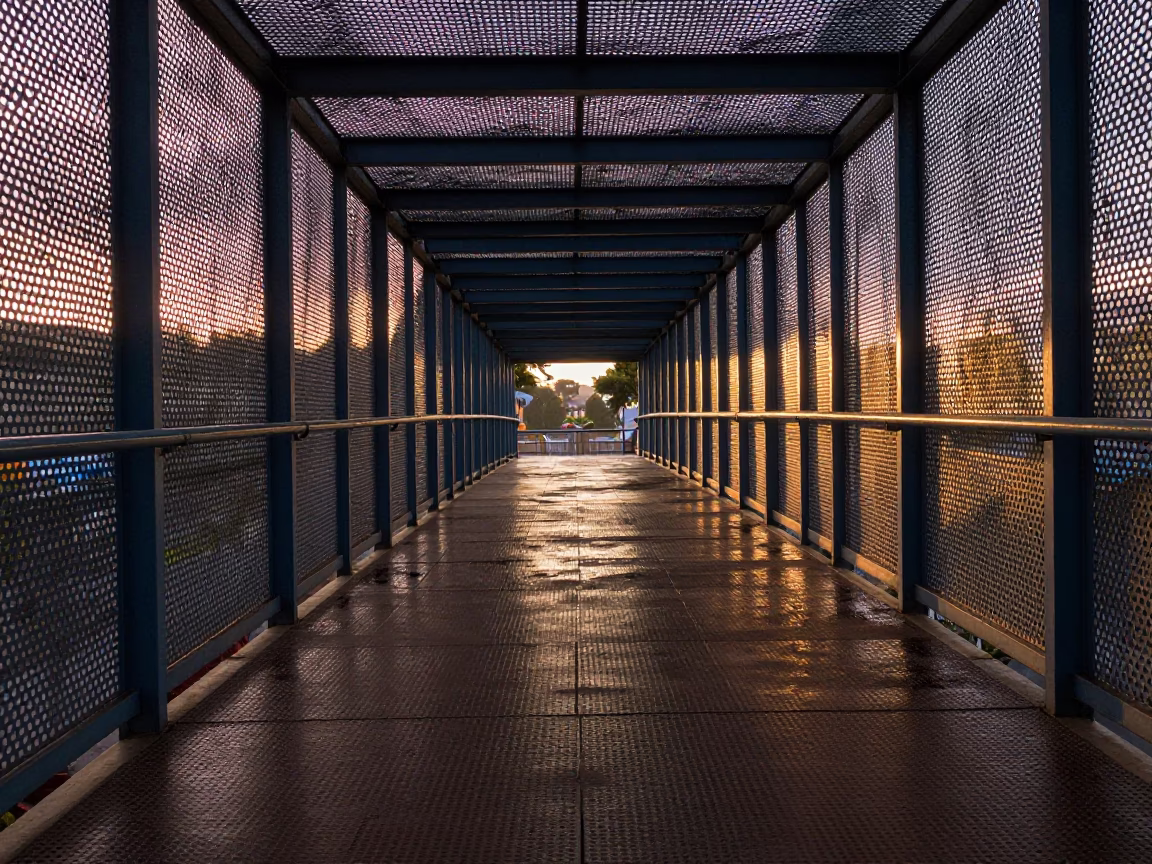 Dawn Light on Nairobi Pedestrian Overpass with Perforated Metal and Wet Footsteps in in Nairobi, Kenya