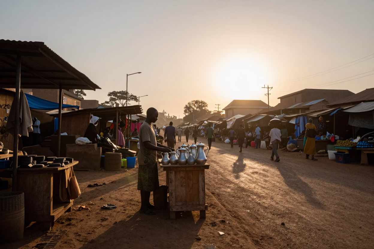 Dawn Light on Nairobi Street Market with Pitcher and Clay Pot Rice in in Nairobi, Kenya