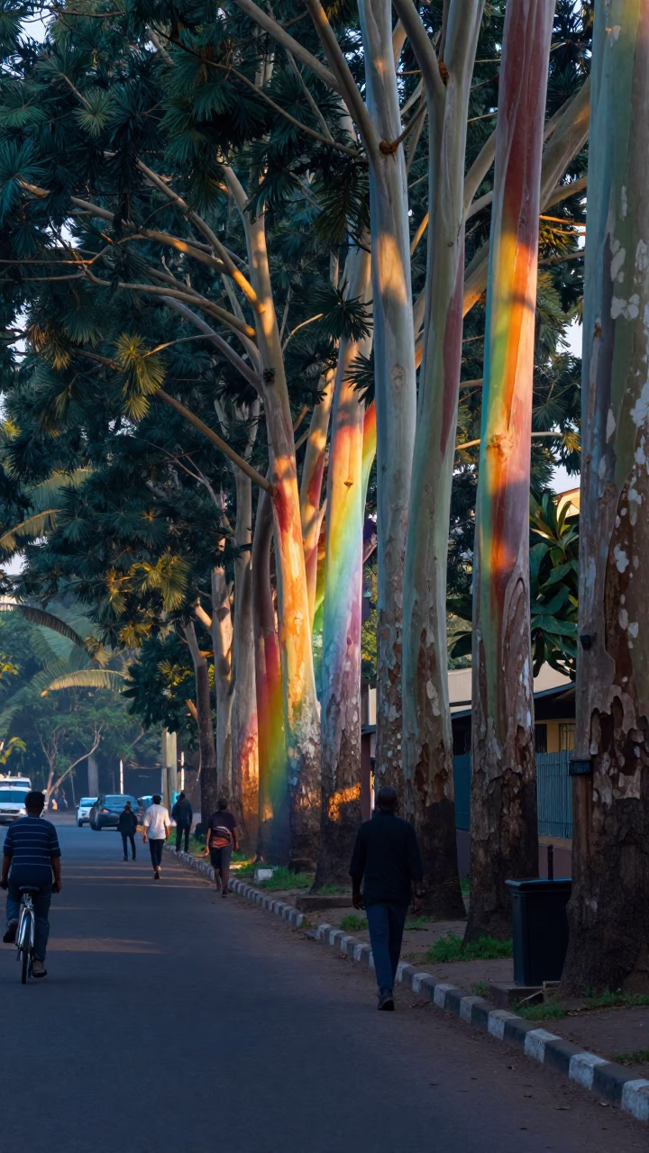 Dawn Light on Nairobi Street with Rainbow Eucalyptus and Morning Commute in in Nairobi, Kenya