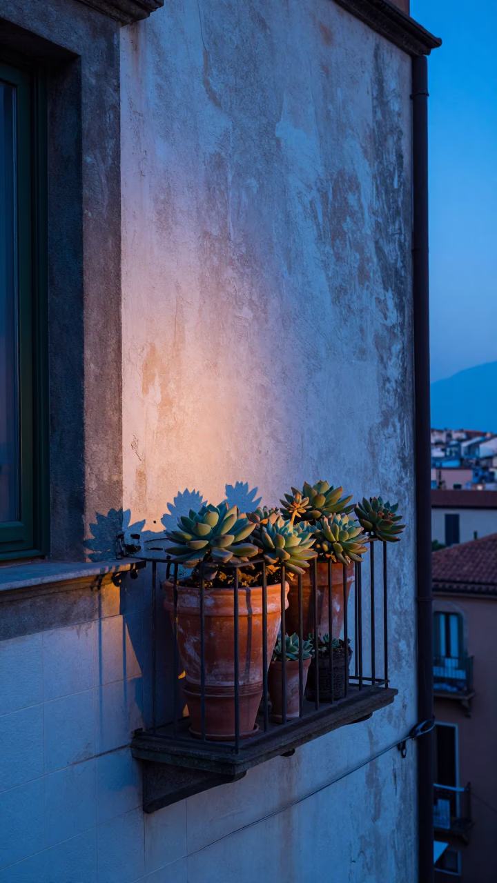 Dawn Light on Naples Balcony with Terracotta Succulents and Rustic Urban Details in in Naples, Italy