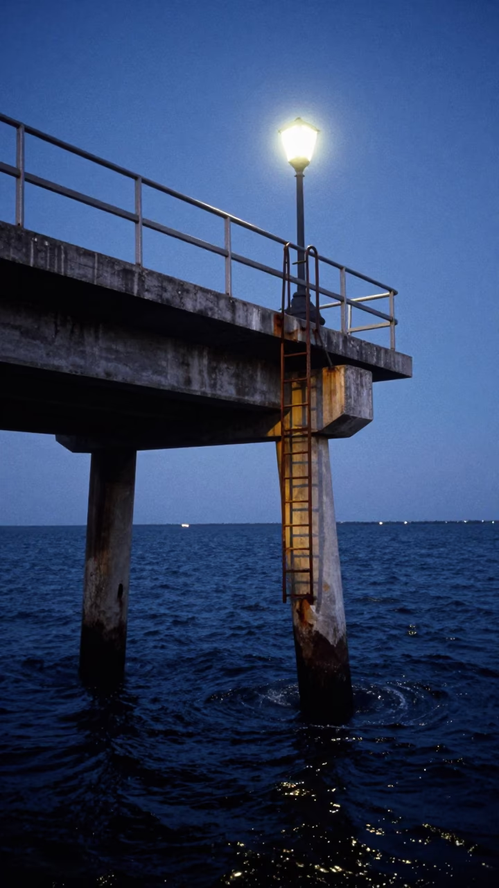 Dawn Light on Naples Harbor Bridge Pier Inspection Ladder and Choppy Water in in Naples, Italy