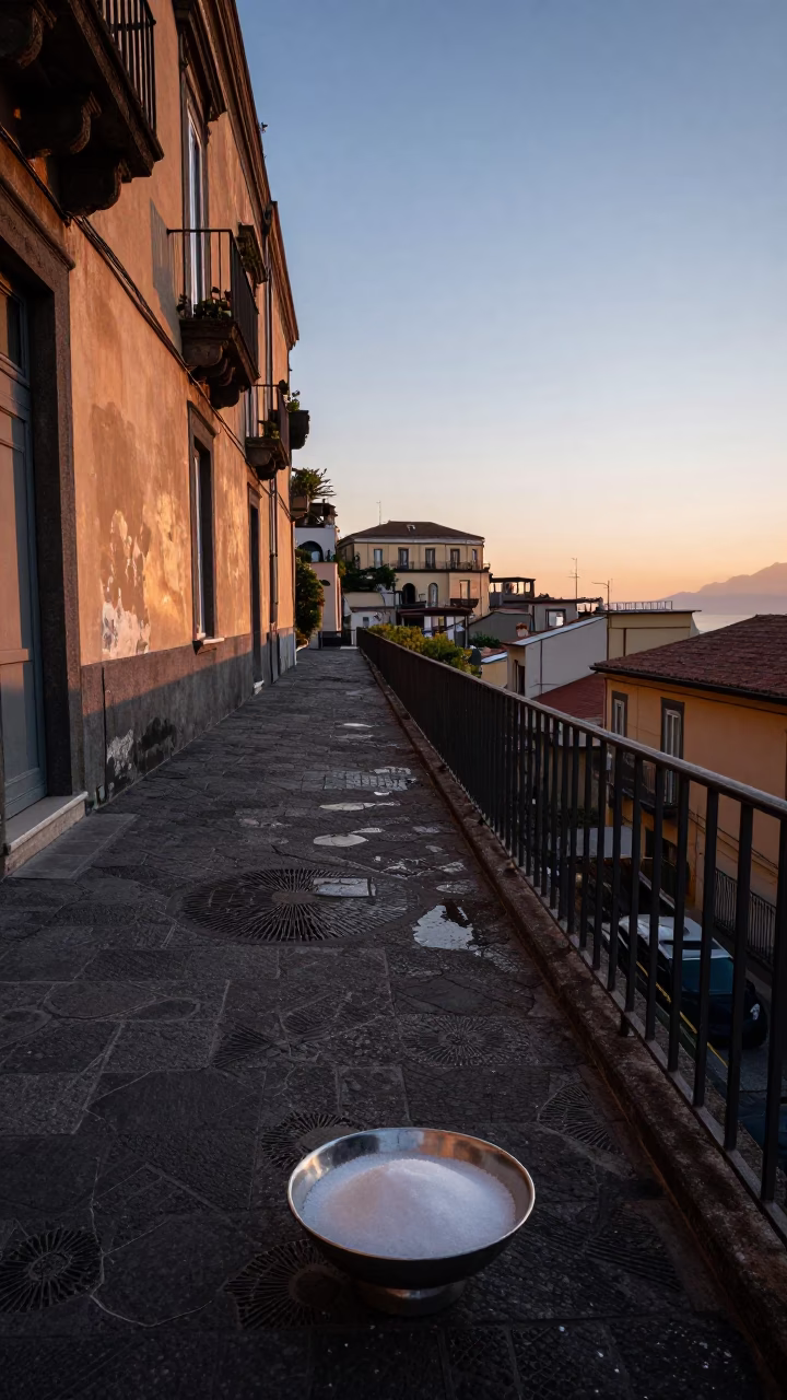 Dawn light on Naples street with sugar bowl and teacups near Vesuvius in in Naples, Italy