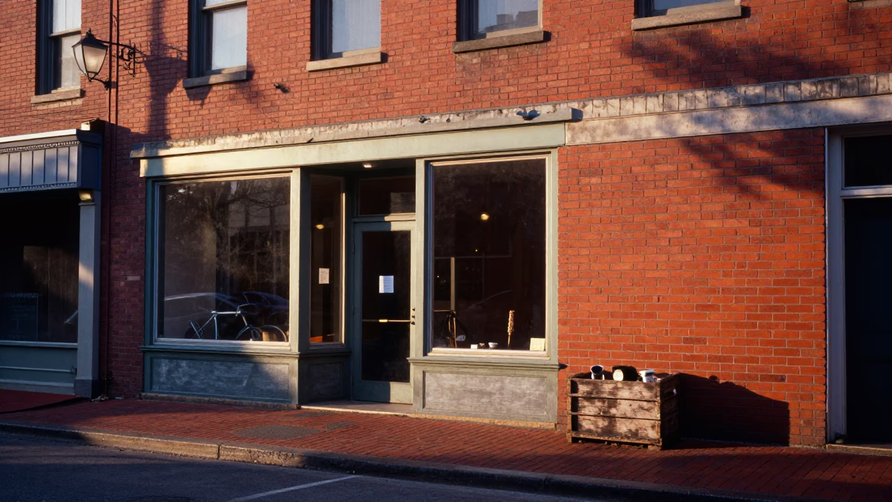 Dawn light on Nashville brick street with vintage storefront and quiet sidewalk moment in in Nashville, Tennessee, United States